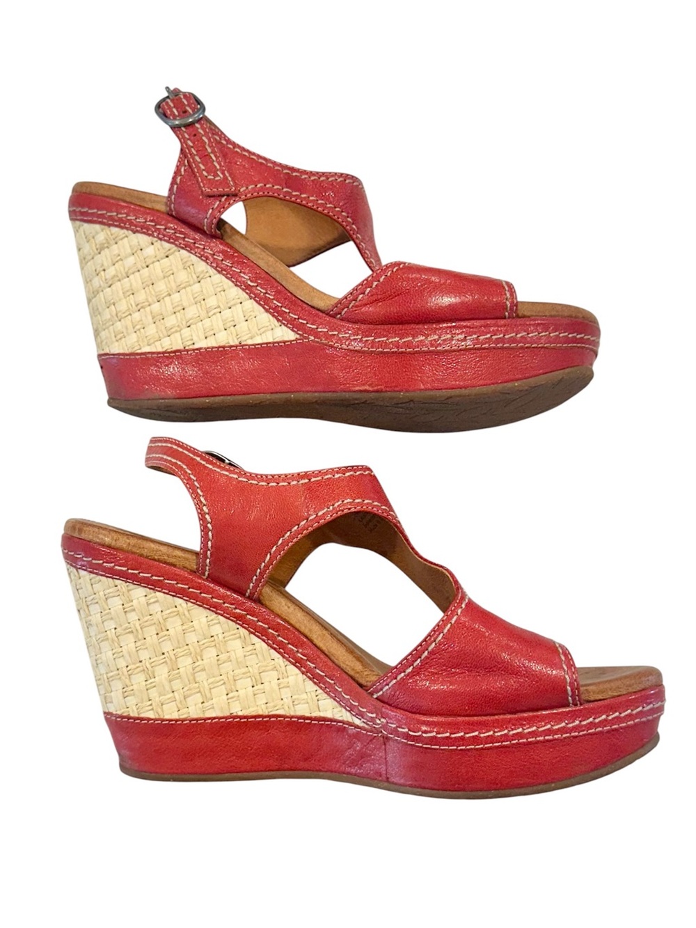 Anthropologie Naya Red Leather Wedge Sandals with Woven Espadrille Detail - 9 - Picture 7 of 11